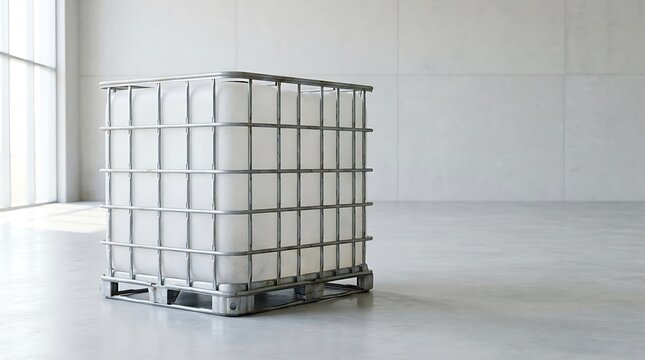 Large plastic water tank container inside a metal cage frame sitting on a sturdy wooden shipping pallet. ibc container