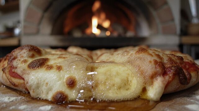 Bubbling cheese-topped pizza forming glossy dome from oven heat at brick oven, amber liquid pooling