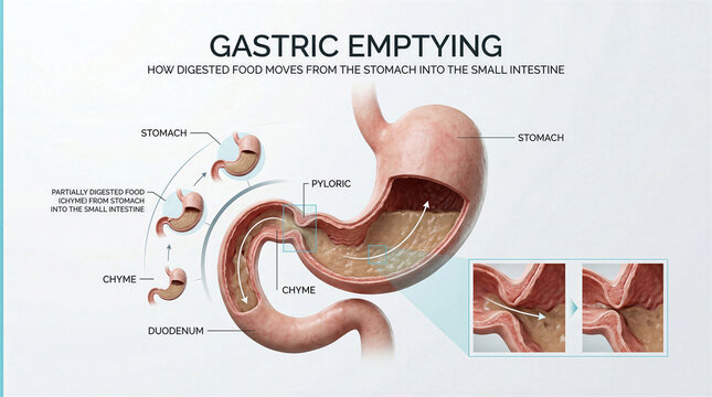 Medical infographic showing the process of gastric emptying and chyme movement in anatomy