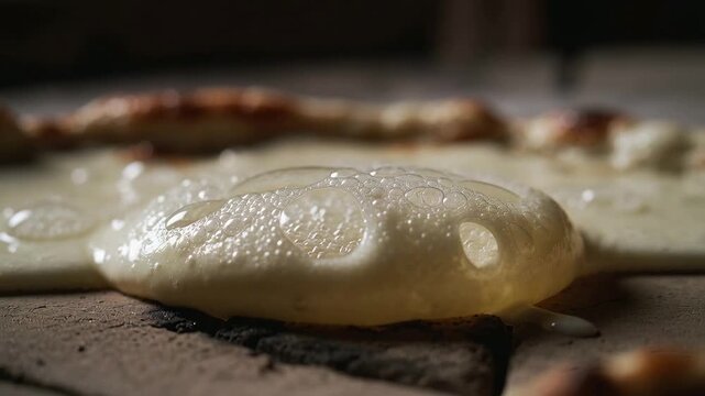 Forming glossy melted cheese blister growing from oven heat on pizza stone, showing foam cells