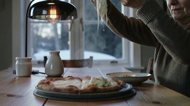 Grasping slice, woman lifting and stretching cheese on pizza stone to eat at table, in sweater
