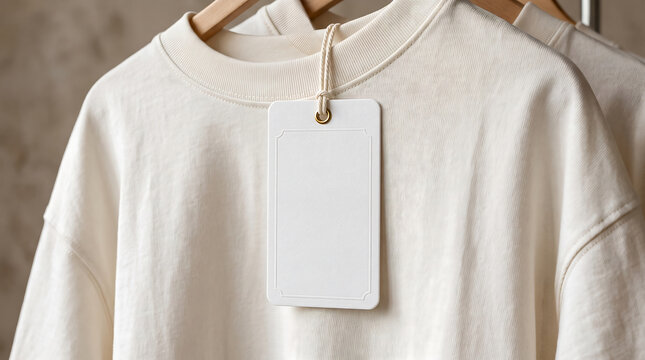 Close up of a beige t-shirt with a blank white price tag hanging on a wooden hanger in a store