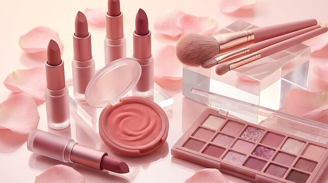 Set of various makeup products including lipstick and eyeshadow palette on a pink surface. makeup combo offers
