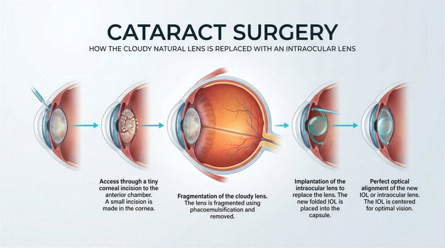 Educational infographic showing the step by step process of human cataract eye surgery