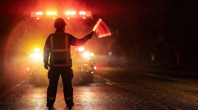 Traffic controller in safety vest directing vehicles with illuminated sign at night during rain
