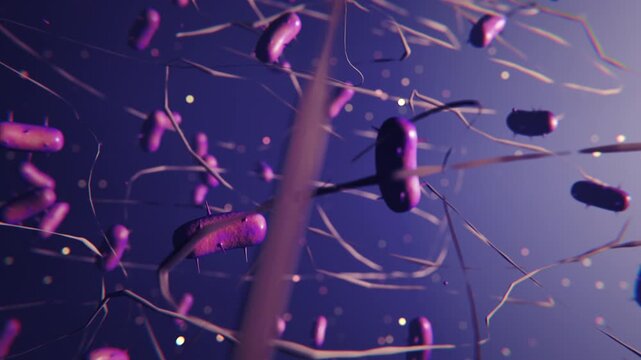3D render of purple rod-shaped bacteria with flagella in a liquid environment