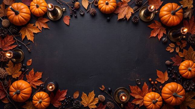 Dark autumn flat lay background with pumpkins and candles
