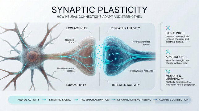 Educational infographic explaining synaptic plasticity and neural connection strengthening