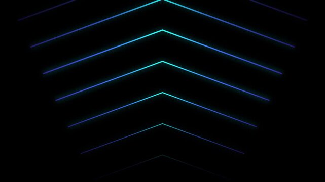 Abstract glowing geometric shapes forming an upward arrow pattern in dark space with blue and green light
