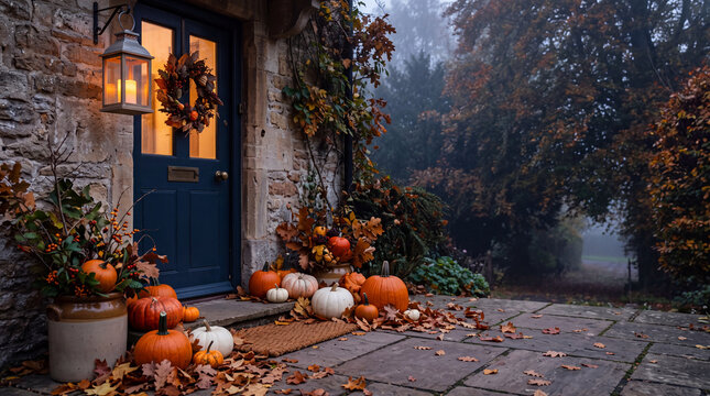 Cozy Autumn Cottage Doorstep Decorated with Pumpkins and Leaves