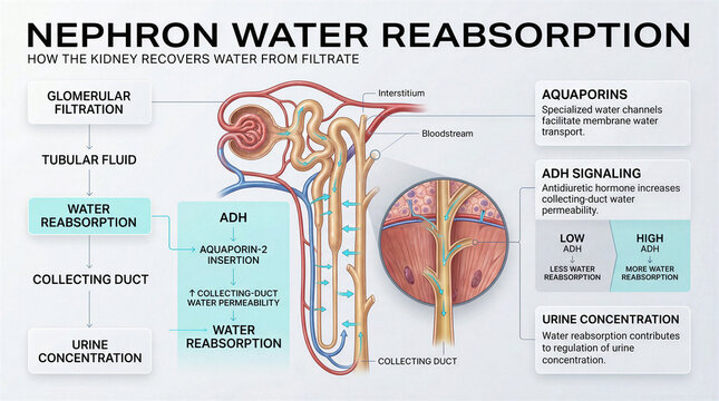 Educational infographic explaining the process of nephron water reabsorption in the human kidney