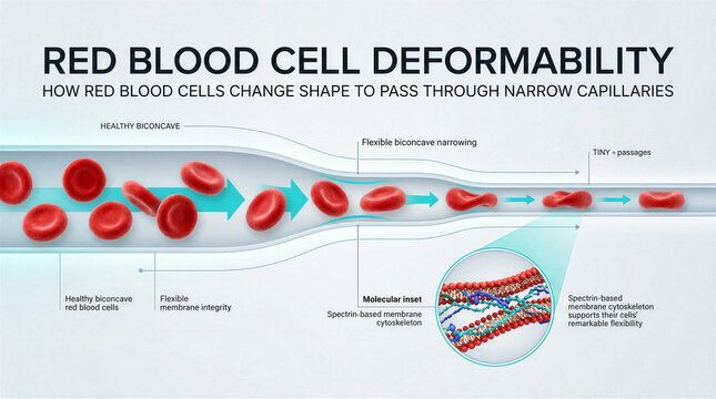 Scientific illustration of red blood cell deformability and movement through narrow capillaries