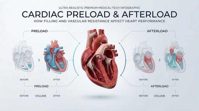 Medical infographic explaining cardiac preload and afterload mechanisms for heart performance
