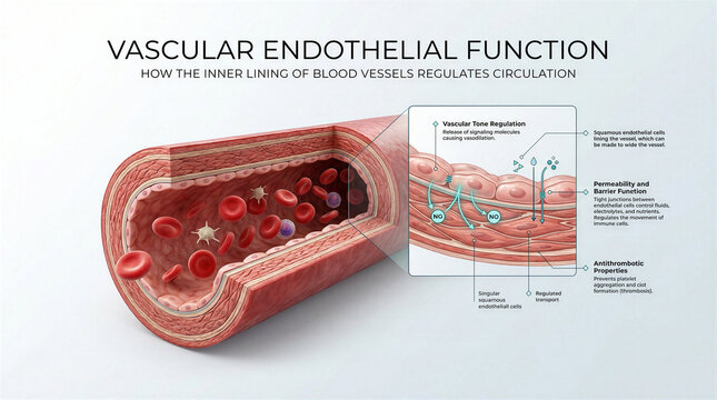 Medical illustration of vascular endothelial function and blood vessel circulation physiology