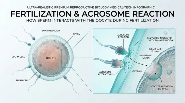 Scientific infographic showing the process of human fertilization and acrosome reaction