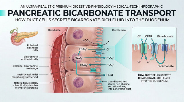 Medical infographic showing pancreatic bicarbonate transport and duct cell secretion mechanisms