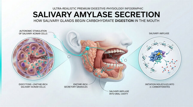 Educational infographic showing the biological process of salivary amylase secretion in humans