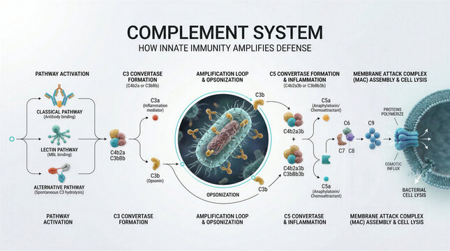 Scientific infographic explaining the complement system and innate immune response pathways