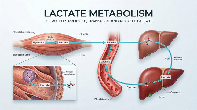 Scientific infographic illustrating the biological process of human lactate metabolism cycle