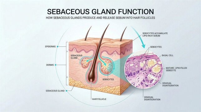 Scientific illustration showing the biological function of human sebaceous gland anatomy