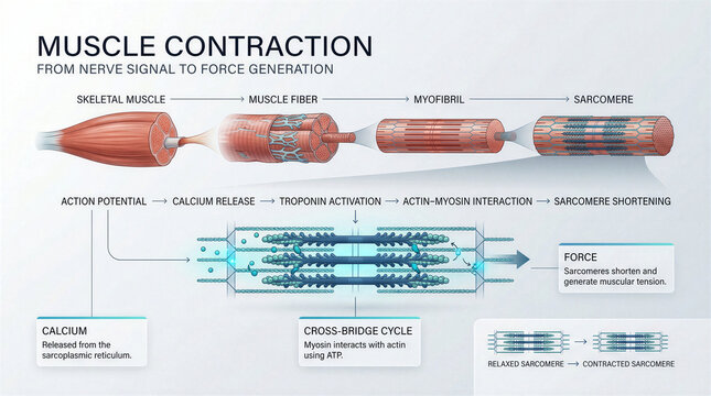 Educational infographic explaining the biological process of human skeletal muscle contraction