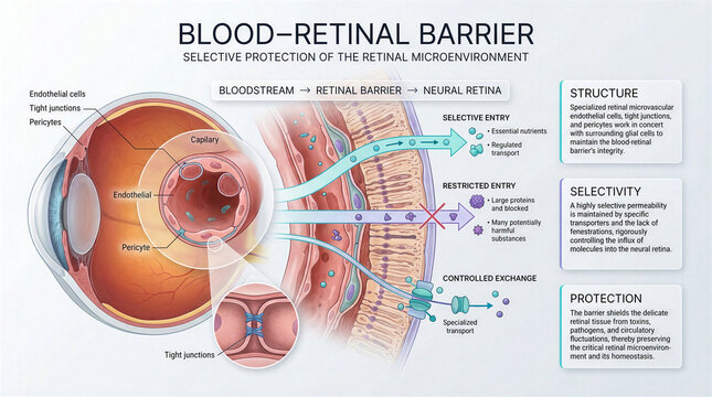Medical illustration of the blood-retinal barrier structure and selective transport mechanisms