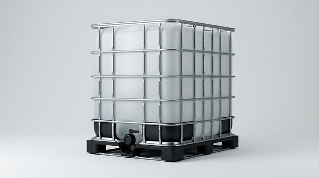 Large industrial plastic water tank container with a metal cage frame sitting on a black plastic pallet. ibc container