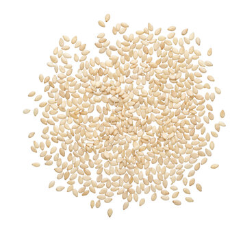 A scattered pile of raw white sesame seeds isolated on a clean white background for cooking