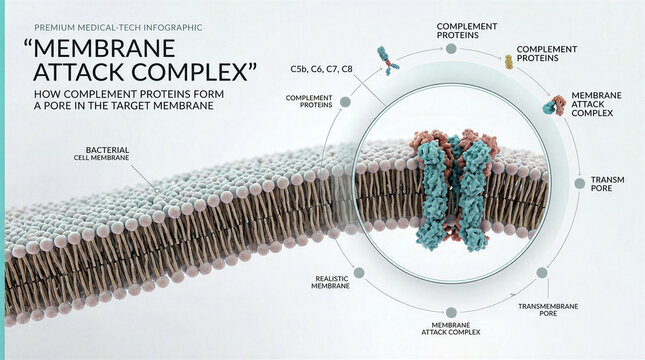 Scientific infographic showing the formation of a membrane attack complex in a cell membrane