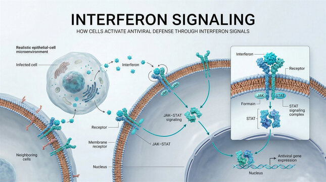Scientific illustration of interferon signaling pathway and antiviral cell defense mechanism
