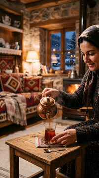 Turkish woman pouring hot tea in a traditional glass during a cozy winter evening