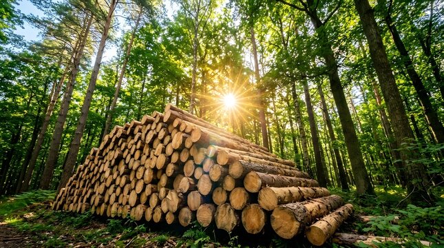 A large neatly stacked pile of birch logs glows in the sunlight within a vibrant lush green forest setting