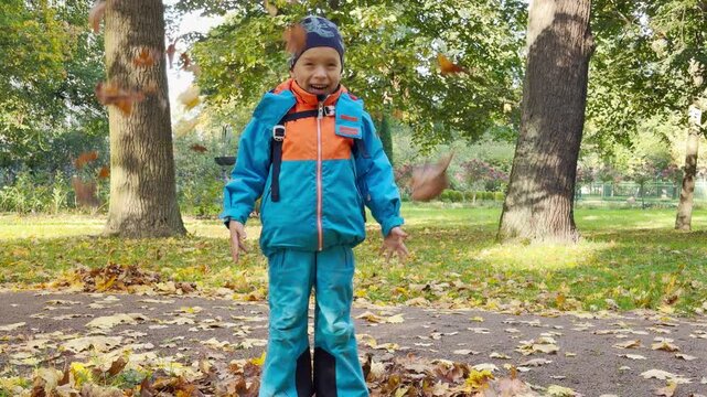 A happy boy gathers colorful fallen leaves on a park path. His playful smile brings cozy warmth to the trees. Autumn joy fills the day in Pushkin, Saint Petersburg.