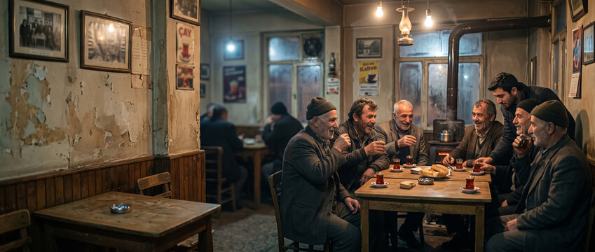 Turkish villagers sharing tea and folklore stories inside a traditional rural kahvehane