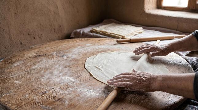 Turkish hands rolling handmade yufka dough in a rustic rural kitchen