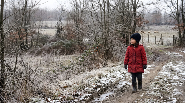 Turkish girl walking through a frosty rural forest near a Thracian village