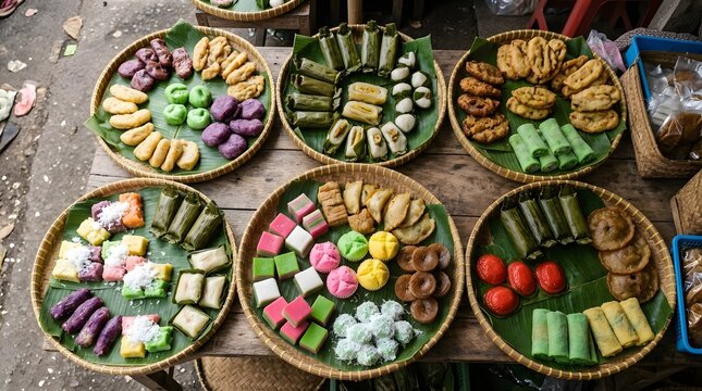 Assorted traditional indonesian street snacks displayed on bamboo trays