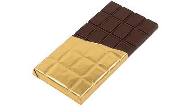 Dark chocolate bar wrapped in gold foil with sweet treat candy bar gold packaging milk chocolate as isolated element