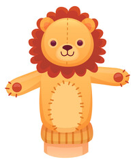 Obraz premium Lion puppet. Cartoon animal sock doll on human hand
