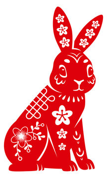Ornate rabbit icon. Spring hare red silhouette