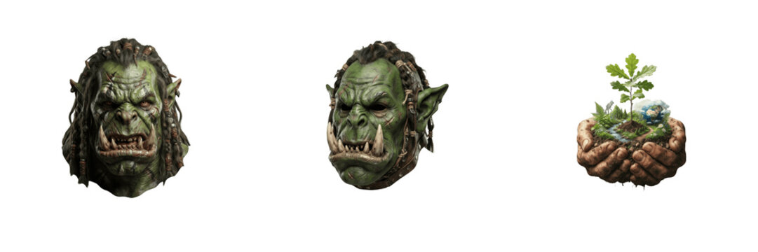 Set of fantasy game elements in fierce green orc warrior heads and hands cupping a growing young sapling sprout isolated on white background, RPG character portraits and nature growth concept design a