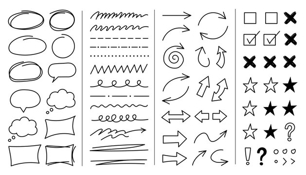 Hand Drawn Doodle Elements Vector Set Isolated on White Background, Sketched Arrows, Speech Bubbles, Circles, Underline Strokes, Checkmarks, Stars, and Highlight Marks Vector