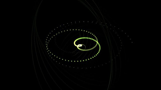 Futuristic glowing spiral of yellow light particles, abstract digital vortex motion graphics, neon dotted lines swirling in dark space