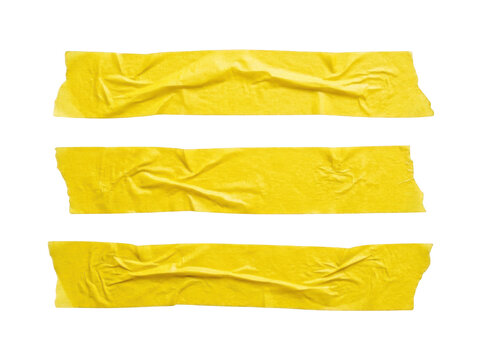 Three crumpled yellow masking tape strips isolated on transparent background for graphic design