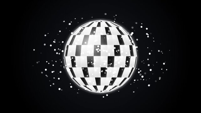 Monochrome disco ball with floating sparkles, sparkling mirror sphere on dark background, retro party night animation video
