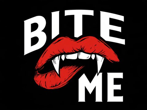 Red lips saying bite me with vampire fangs