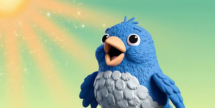 A cheerful blue claymation bird with an open beak, possibly singing, under a bright, sparkling sun against a soft green background.