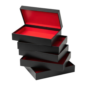Stacked open black suitcases with red interior