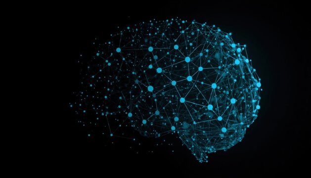 Conceptual glowing digital neural network in the shape of a human brain with artificial intelligence glowing nodes brain connectivity cognitive computing machine learning digital synapses