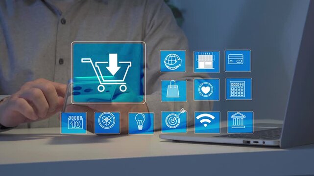 Person interacts with digital shopping icons floating in air. Icons show e-commerce, payments, and delivery. Modern tech interface suggests online retail experience. Suitable for websites, ads
